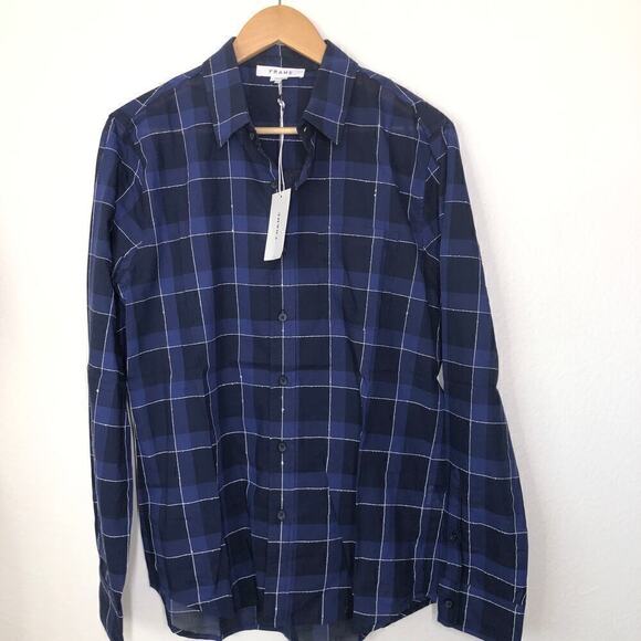 Frame Windowpane Plaid Classic Fit Button-Up Shirt in Navy Multi Size S - Picture 2 of 8